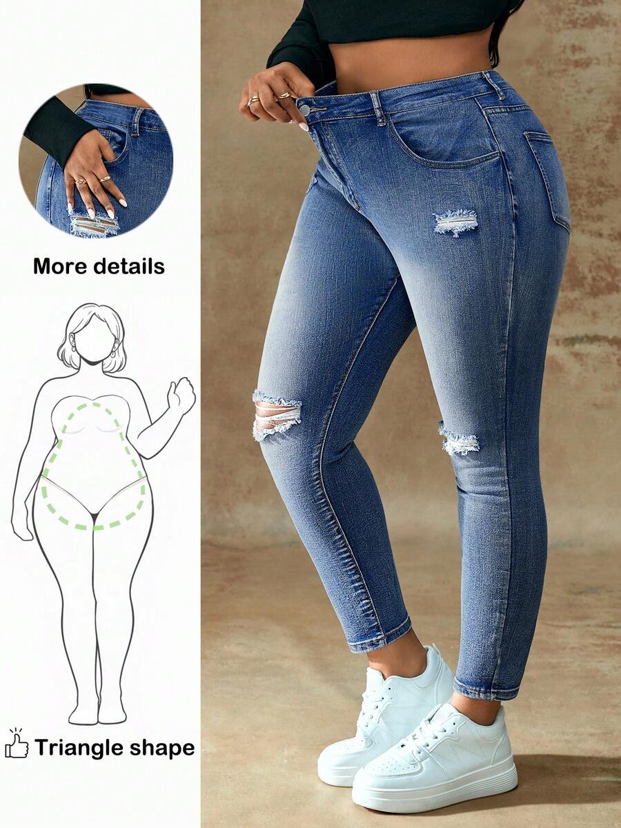 Truni Plus Size Women Casual Distressed Slim Fit Jeans, For Pear & Triangle Body Shape - Blue - View 1