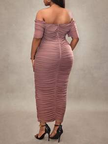 Truni 大码女式夏季优雅弹力网眼单肩褶皱中长连衣裙，女士生日礼服