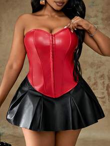 Truni Plus Size Solid Center Front Button Decoration PU Leather Black Tube Top, For Pear & Triangle Body Shape - Red - View 7