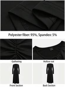 Maija Women's Pleated Collar Hollow Out Long Sleeve Fitted Waist A-Line Long Dress, Urban Commute Business Casual Beach Vacation Elegant Summer Dress, Suitable For Music Festival, Valentine's Day - Black - View 3