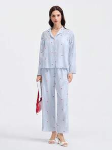 Loungeista 2pcs Women Loose Comfortable Breathable Long Sleeve Top And Long Pants Pajama Set, Cute Home Wear, Fall & Winter Clothes - Blue - View 8