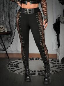 SHEIN Whyspr 大码暗黑系带渔网紧身裤 - 黑色 - 查看 4