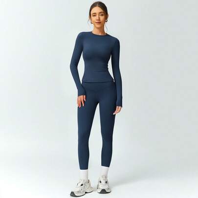 Ladies high stretch yoga manga larga pantalones traje es respirable y rápido, adecuado para cuatro estaciones yoga estudio de entrenamiento, práctica en casa, no resbaladizo, cinturón de diseño de ajuste