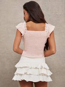 WESTFADE Lace Trim Flutter Sleeve Chiffon Bow Tie Ruched Bust Smocked Back Relaxed Top - Baby Pink - View 2