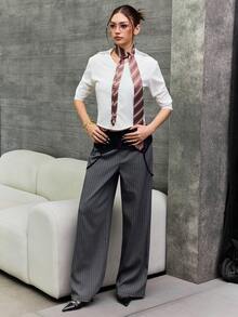 INAWLY Women's Casual Commuter Striped Contrast Lace Straight Pants - Grey - View 5