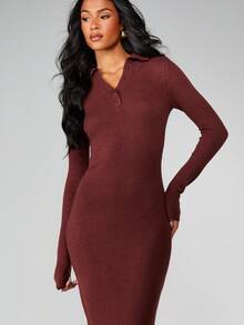 MISSGUIDED Burgundy Ribbed Knit Button Neck Long Sleeve Maxi Sweater Dress With Collared Neckline For Fall Winter Casual Day Wear - Brown - View 3