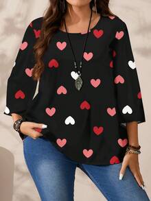 Mellowie Camisa holgada de cuello redondo con estampado integral para mujer de talla grande, otoño/invierno - Rosa - Ver 7