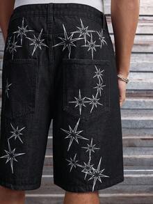 AXEPEAK Men's Embroidered Pocket Casual Loose Fit Denim Shorts - Black - View 3