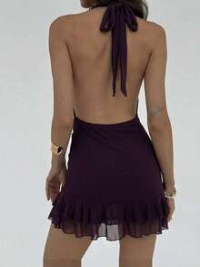 Aloruh 女士性感时尚纯色金属褶皱腰部多层下摆露背吊带迷你连衣裙，夏季 - 紫色 - 查看 3