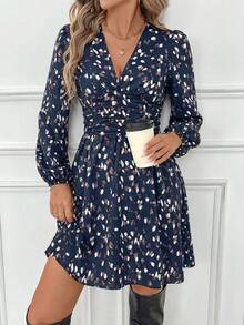 SHEIN Frenchy Women's V-Neck Long Sleeve Printed Dress - Navy Blue - View 6
