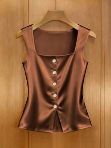 Franclia 极简通勤方领纽扣休闲背心 - 卡其色 - 查看 3