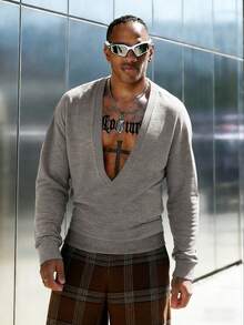 Manfinity Dauomo Áo thun nam dài tay cổ chữ V khoét sâu, dáng rộng, phong cách thường ngày, tối giản, màu trơn, thích hợp cho đi làm hàng ngày, mùa xuân/thu. - Xám - Xem 7