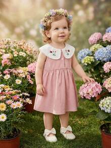 SHEIN 女婴休闲花卉刺绣领荷叶边无袖连衣裙，舒适柔软，适合春夏外出和送礼，3个月-3岁 - 粉色 - 查看 6