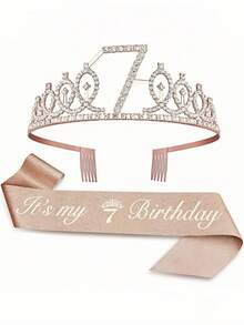 Sparkling Rhinestone Crystal Crown Tiara With Happy Birthday Satin Sash 2PCS Set For Girls 3rd 4th 5th 6th 7th 8th 9th Years Old Birthday Party Decorations, Princess Anniversary Celebration Supplies For Christmas​ - Rose Gold - View 4
