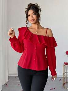 Elenzga Chic Red Plus Size Cold Shoulder Ruffle Top With Asymmetrical Neck And Long Sleeves Fall - Red - View 7