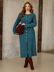 Flirla 大码女式简约百搭复古硬币纹理面料圆领前中金属扣腰部实用口袋长袖连衣裙牛仔连衣裙女式西部连衣裙蓝绿色连衣裙女式法式连衣裙大码女式西部服装女式西部连衣裙 - 水鴨藍 - 查看 4