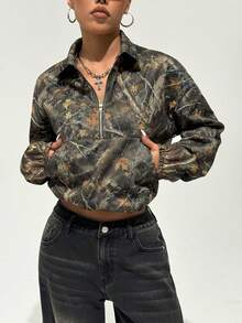 INAWLY Plus Size Casual Camouflage Print Front Zip Sweatshirt, Spring/Autumn - Multicolor - View 1