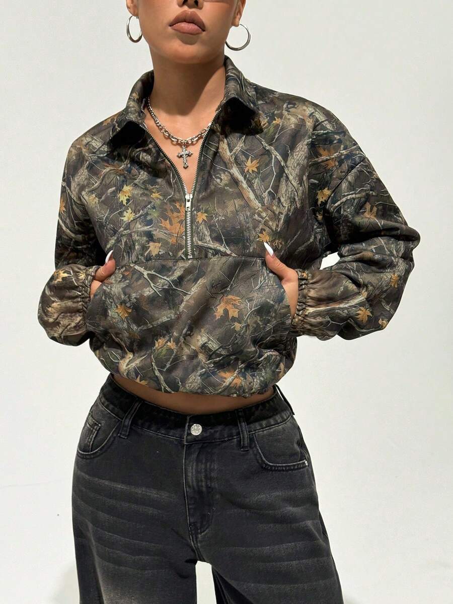 INAWLY Plus Size Casual Camouflage Print Front Zip Sweatshirt, Spring/Autumn - Multicolor - View 1