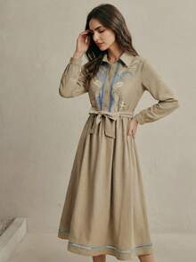 Anewsta 女士优雅刺绣镂空腰果花收腰长袖衬衫裙 女士刺绣连衣裙 波西米亚风连衣裙 - 綠色 - 查看 7