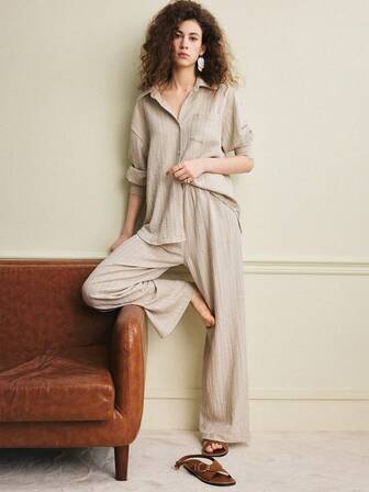 Écloséra 新款优雅休闲通勤长袖衬衫和松紧腰长裤两件套，女士春夏款