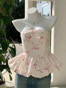 Comfortcana Áo quây nữ kiểu dáng thường ngày, in nơ, viền xếp ly phồng, thích hợp cho mùa hè. - Nhiều màu - Xem 6