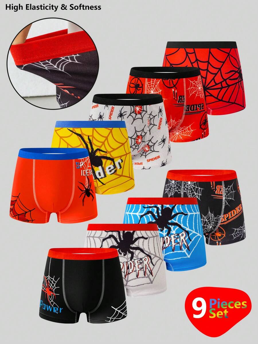 9pcs/Pack Young BoySpider Graphic Basic Solid & Print Boxer Briefs