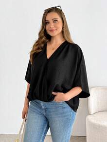 Shapeblank 春夏大码女装，时尚休闲宽松舒适日常基础款，百搭显瘦V领短袖上衣和黑色衬衫，女士衬衫，简约风格，夏季上衣，办公服饰 - 黑色 - 查看 3