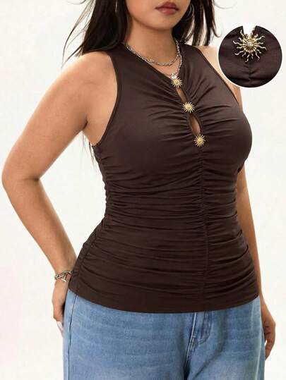 Rina Fox Plus Size Women's 2026 Summer Sexy Vacation Metallic Decor Hollow Out Ruched Fitted Crop Top