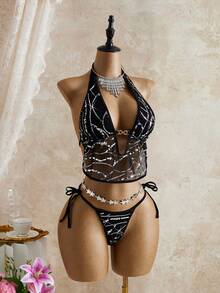 Bellisia 2022春夏性感黑银条纹挂脖比基尼套装，度假海滩新款女式泳装，适合上学、假日、约会、下午茶、西式、邮轮、海滩、海岛、公路旅行、四季皆宜、音乐节、波西米亚风度假、秋日休闲、西部波西米亚风、优雅女式上衣、水钻泳装、串珠比基尼、挂脖比基尼、哥特式泳装、哥特式泳衣、挂脖泳装、水钻比基尼 - 黑色 - 查看 3