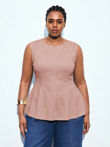 Maija 大码女式夏季休闲日常通勤纯色腰部无袖上衣，百搭都市通勤商务休闲女式夏季荷叶边上衣，春夏情人节狂欢节时尚女式服装派对海滩婚礼度假休闲荷叶边上衣 - 粉色 - 查看 4