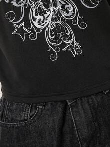 SHEIN Tween Girls Graphic Tee, Casual Loose Dark Personalized Cool Style Black Tops, Heart Wing Print Loose Short T-Shirt, Squishy Suitable For Summer Back To School Season, Daily Wear And Tops - Black - View 5