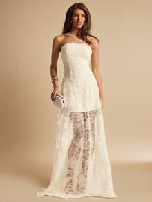 SHEIN BAE 杏色提花无肩带修身长款优雅伞裙，蕾丝连衣裙，婚礼宾客礼服，早午餐礼服，优雅社交礼服，夏季连衣裙，约会之夜礼服，生日派对礼服，海滩度假礼服，夏季连衣裙 - 杏色 - 查看 3