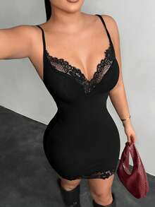 SHEIN SXY Váy bó sát gợi cảm phối ren dành cho nữ - màu đen - Xem 1