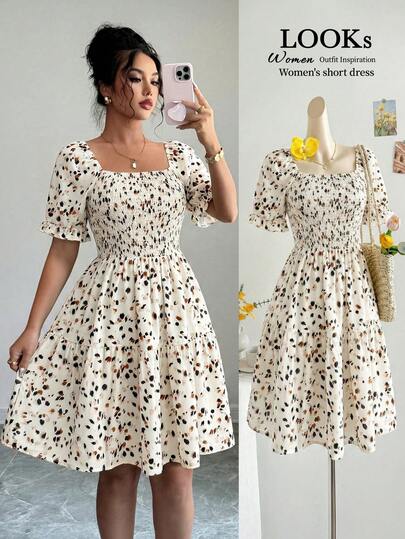 Elenzga Women's Apricot Base Multi-Color Polka Dot Print Fabric Square Collar Gathered Waist Flared Hem Short Sleeve Dress, Elegant Casual Vacation Vibe, Suitable For Office, School, Travel, Summer