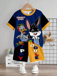 SHEIN 男童休闲T恤短裤套装（2件套），经典可爱动物印花，鸭子和兔子卡通动物图案