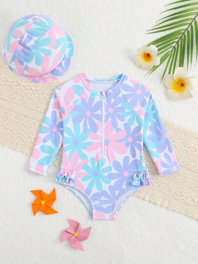 Conjunto de traje de baño de 2 piezas para bebé niña con estampado floral, que incluye camiseta de manga larga tipo rashguard y shorts, talla grande gorro. Traje de baño elegante y casual, adecuado para nadar, vacaciones y verano.