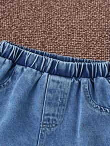 SHEIN Baby Boys' Fashionable Casual White Baseball Jacket Short Sleeve Top And Light Blue Denim Pants Set, White Short Sleeve Baseball Sweatshirt With Blue Floral Pattern And Navy Blue Logo, Soft, Comfortable, Cute, Casual, Outdoor, Sports, Style Suitable For Spring/Summer Outings, Outdoor Play, Vacation, Daily Wear - Royal Blue - View 4