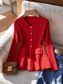 GlowEve CURVE 大码女式金属蝴蝶结装饰长袖针织开衫，秋冬款 - 紅色 - 查看 1