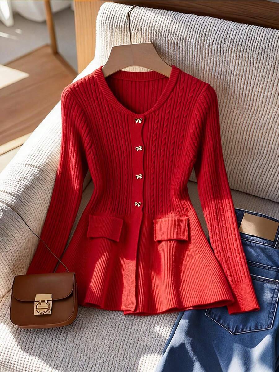 GlowEve CURVE Áo khoác cardigan dệt kim tay dài cỡ lớn dành cho nữ, trang trí nơ kim loại, thích hợp cho mùa Thu/Đông. - Đỏ - Xem 1