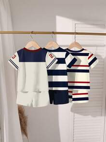SHEIN Streecool Kids 6件組小男孩熊圖案圓領T恤與短褲套裝，海軍藍與米色、紅藍條紋針織面料，夏季開學日常穿著 - 彩色 - 查看 3