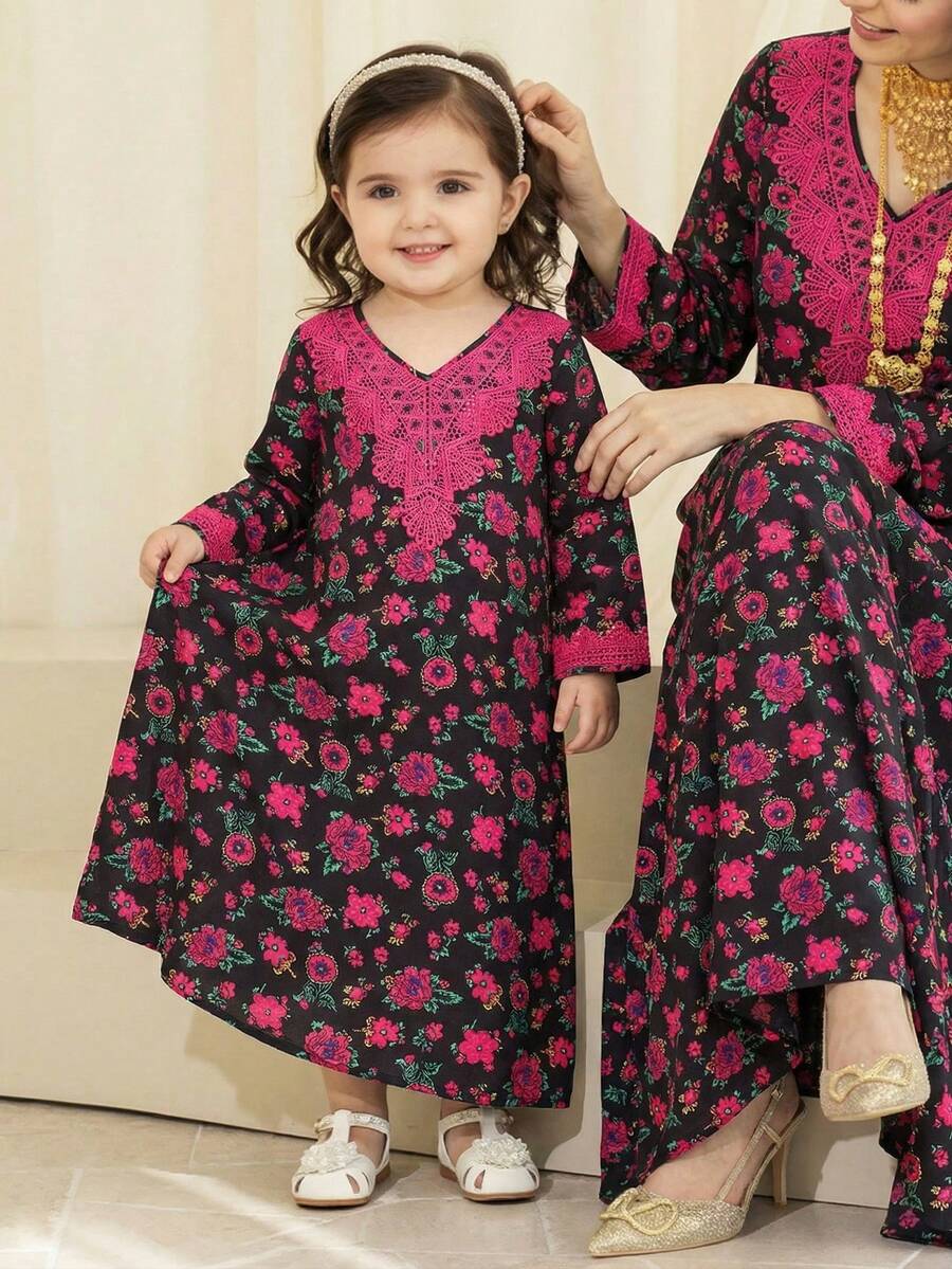 SHEIN Baby Girl Ditsy Floral V-Neck Loose Casual Dress - Multicolor - View 1