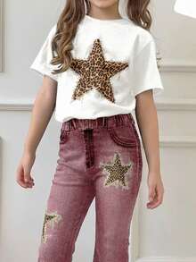 Bộ đồ 2 món cho bé gái tuổi teen, kiểu dáng thường ngày, họa tiết da báo và ngôi sao, gồm áo thun cổ tròn tay ngắn dáng rộng và quần ống loe, thích hợp cho mùa thu. - trắng - Xem 3