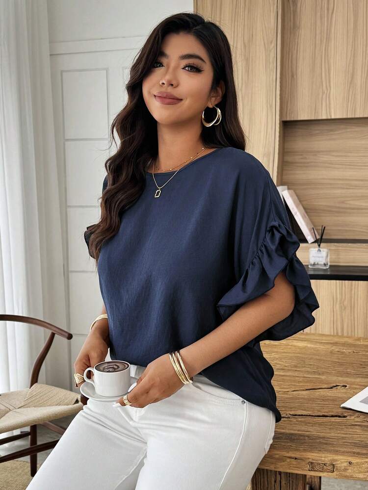 Weeklong Plus Size Women Casual Batwing Sleeve Loose Blouse, Solid Color, Suitable For Daily, Vacation, Commute, Spring/Summer - Navy Blue - View 7