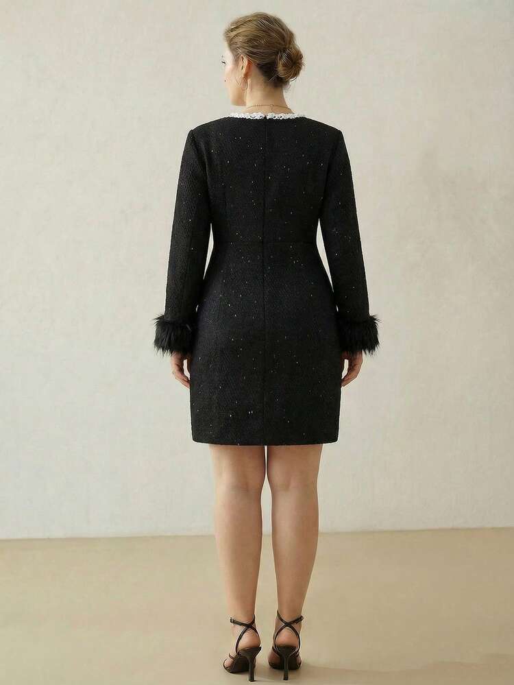 PLUS SIZE TWEED FAUX PEARLS SQUARE NECK FAUX FUR CUFF LONG SLEEVE SHORT DRESS, AUTUMN/WINTER PARTY