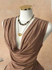 Elamini Sexy Ruched Sleeveless Crop Top For Women - Camel - View 5