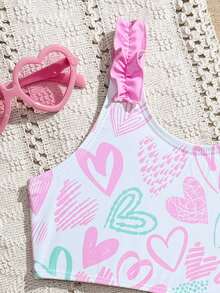 Cute & Fresh Heart Print Young Girl Swimsuit Set - Multicolor - View 3