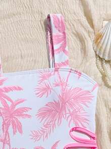 Tween Girls' Summer Vacation Beach Coconut Tree Print Tankini Set - Baby Pink - View 4