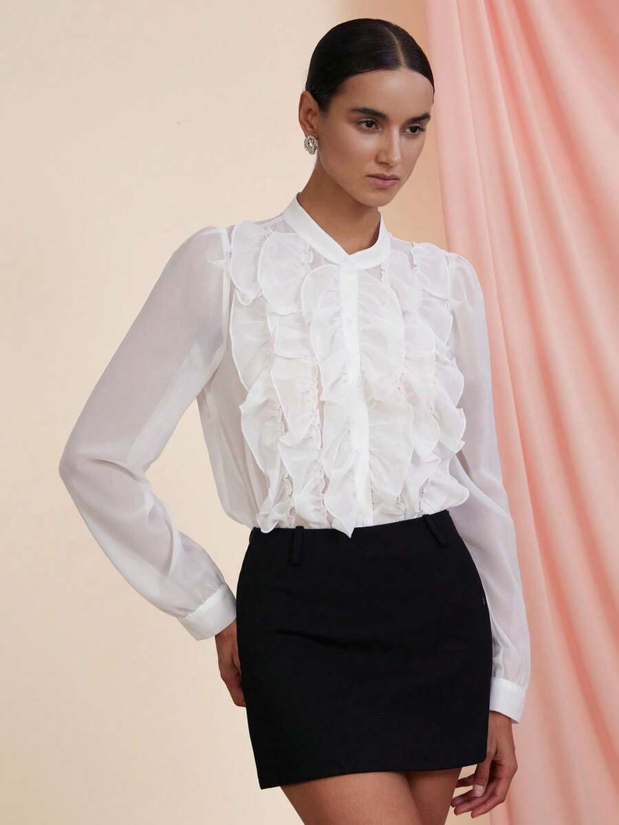 Femmeiva Fashionable & Versatile White Solid Color Chiffon Multi-Layer Ruffle Collar Front Open Casual Elegant Women Long Sleeve Blouse, Autumn/Winter - White - View 1