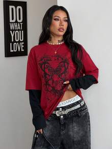 Coolane Áo thun dài tay dáng rộng bằng cotton in họa tiết, phong cách đường phố mùa đông/thu dành cho nữ, kiểu dáng thường ngày, hippie, preppy, grunge, punk, goth. - Màu Đỏ Sâu - Xem 4