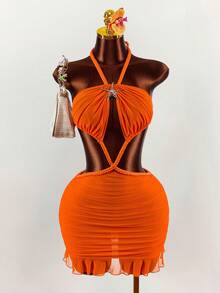 Amplova 女士交叉绑带露背金属配饰网纱拼接迷你连衣裙，性感前卫，适合度假、夏季度假等场合。 - 橘色 - 查看 7